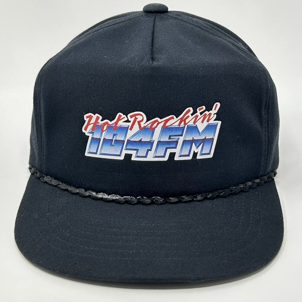 Vintage 80s Hot Rockin 104 FM Hat Baseball Cap KJJO Minnesota Strapback Black